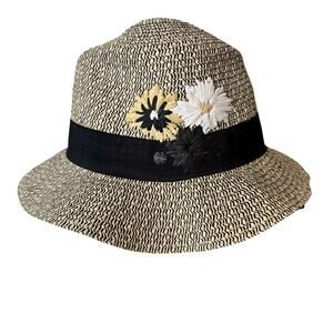 Jessica Simpson Straw Bucket Hat Cottage Core Floral Prairie Boho Garden Party